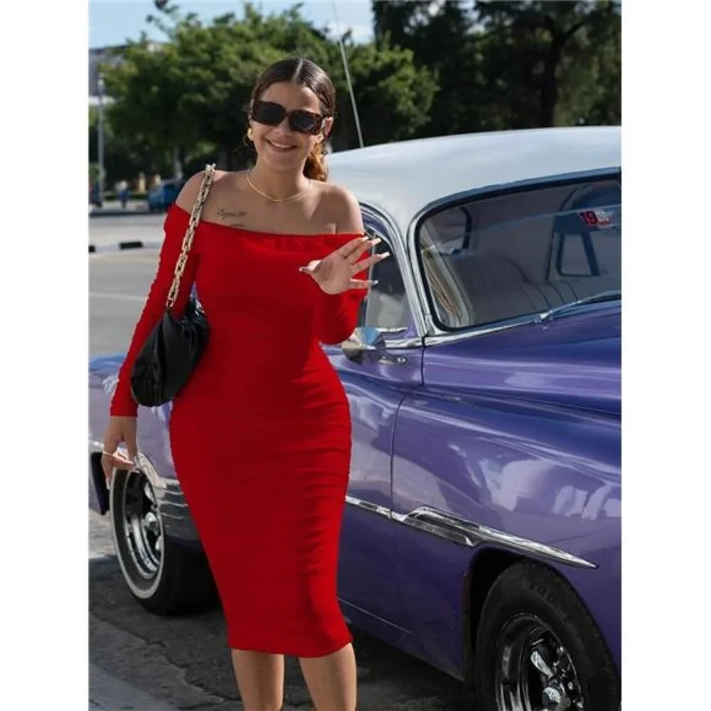 Women Sexy Off Shoulder Long Sleeve Dress Red - Picture 2 of 6